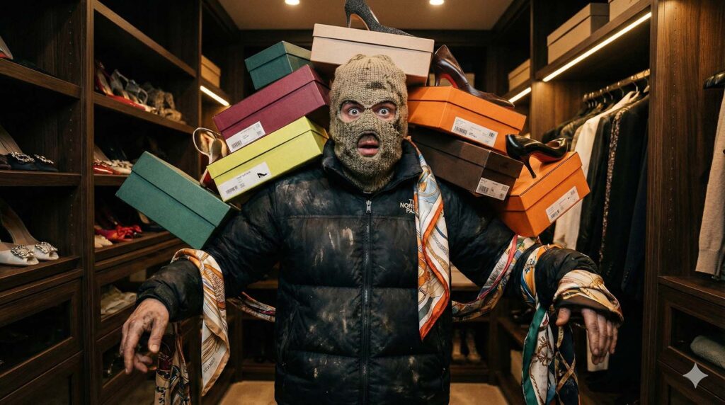 Ein verängstigt aussehender Einbrecher in einer Daunenjacke, der komplett in bunten Seidenschals verheddert ist und unter einem Haufen herabstürzender Schuhkartons begraben wird.