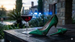 Ein Glas dunkler Rotwein steht auf einem Terrassentisch neben einem einzelnen, zertrümmerten smaragdgrünen High Heel; im Hintergrund verschwommenes Blaulicht.