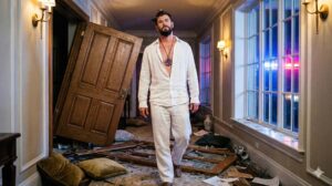 Ein Mann in weiter weißer Leinenhose und riesiger Amethyst-Halskette steht fassungslos vor einer zertrümmerten Schranktür, während im Hintergrund die Polizei eintrifft.